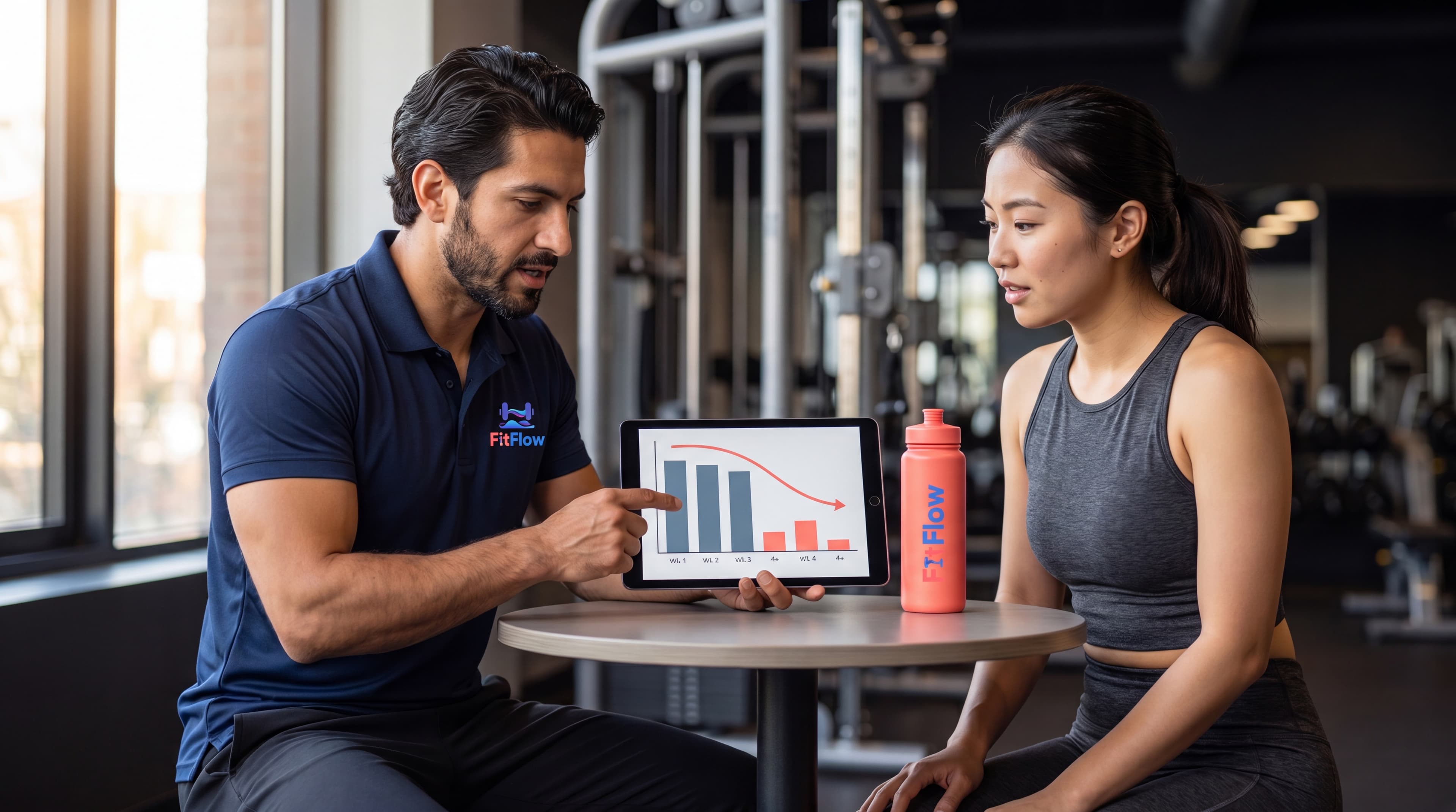 Personal trainer reviewing a client's logged session completion against self-reported check-in on a tablet