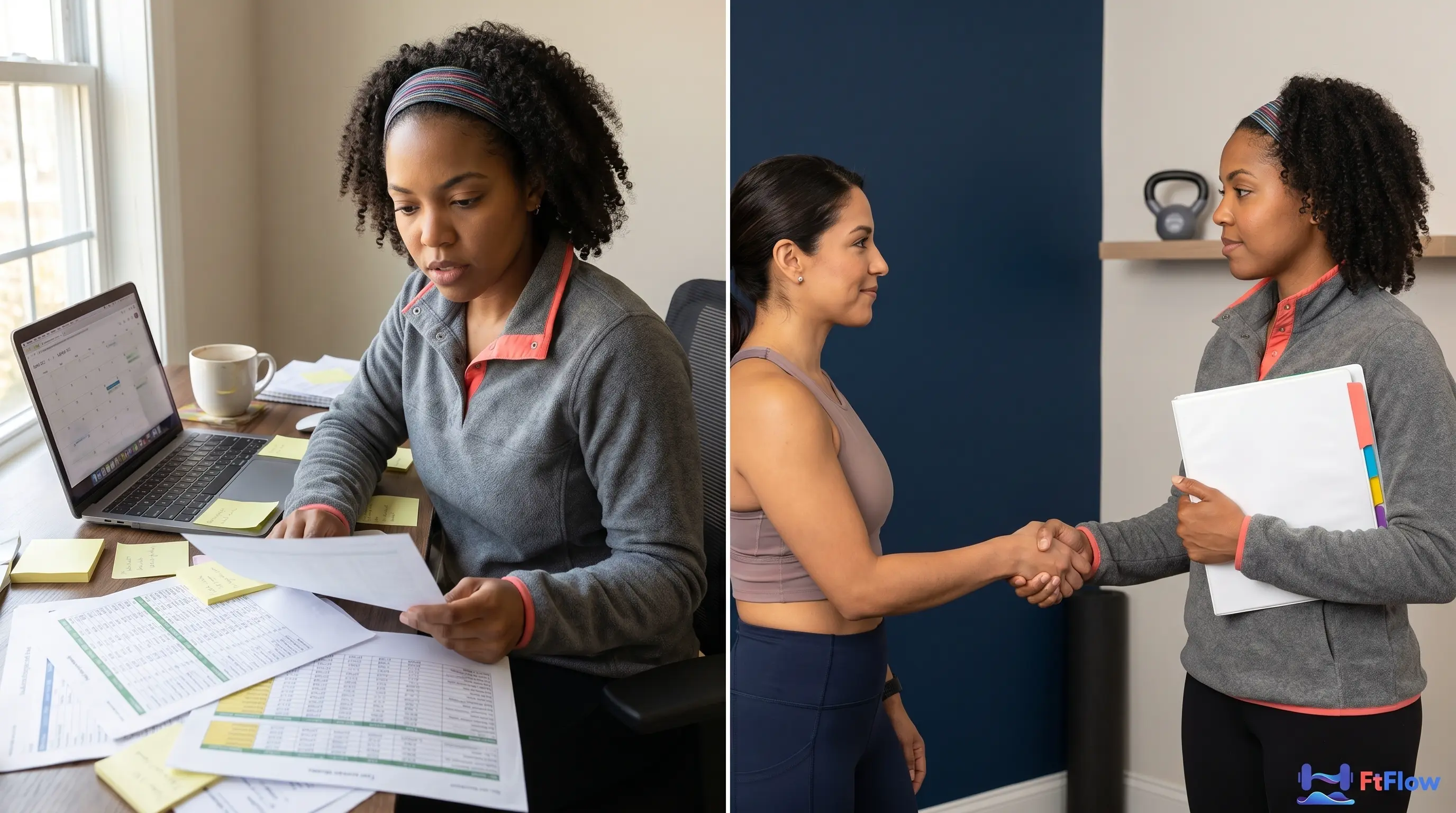 A solo personal trainer at a desk reviewing a single-page role scorecard alongside a 90-day onboarding plan.