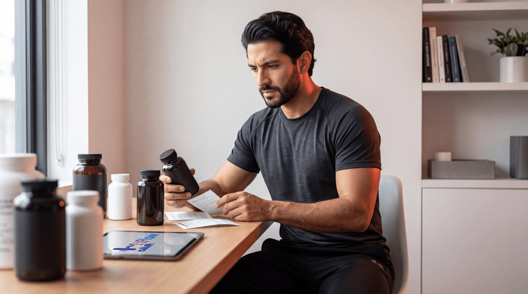 Personal trainer reviewing a client supplement list at a clipboard with labeled bottles of creatine monohydrate, vitamin D, and fish oil on a gym desk