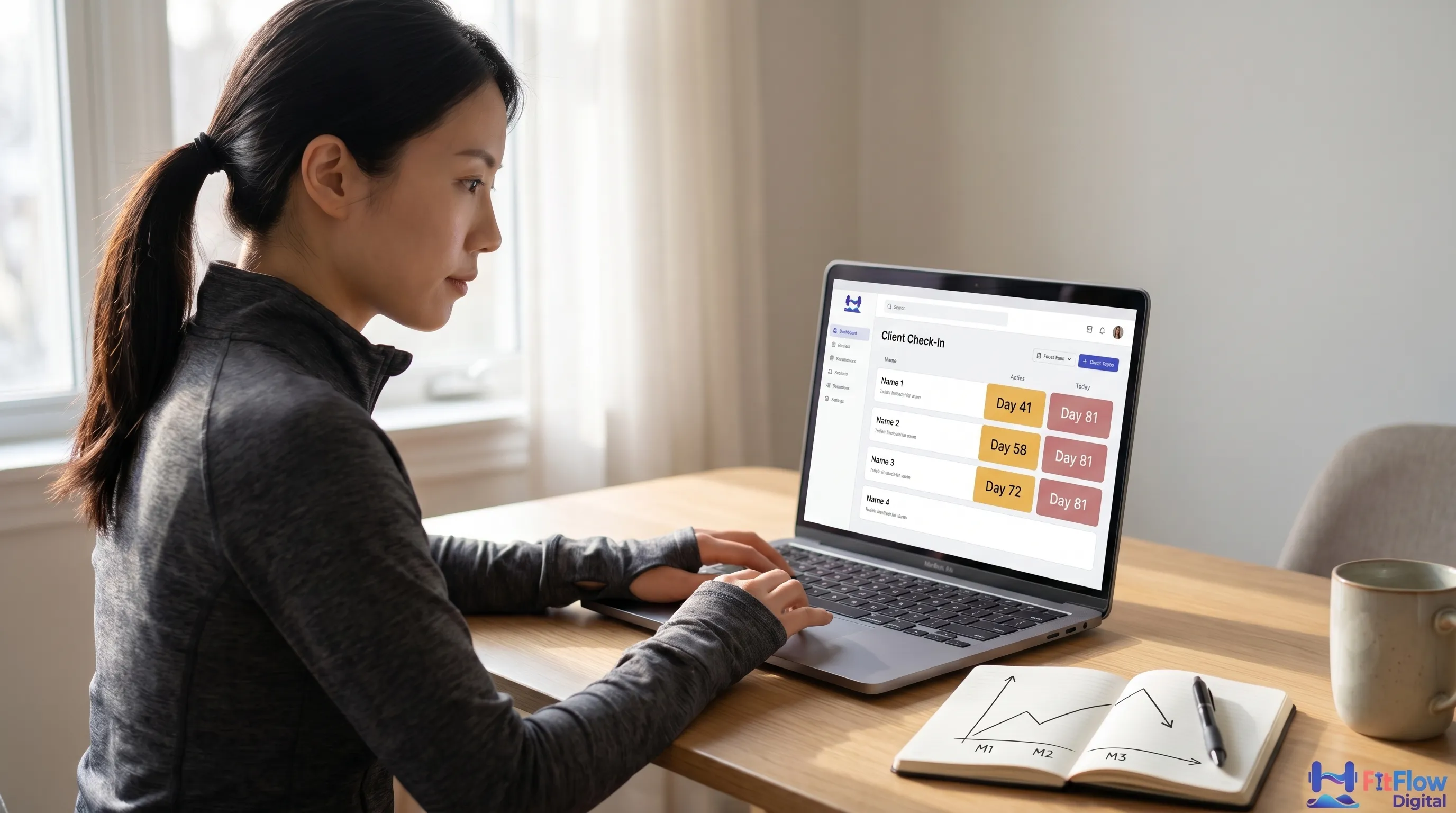 Scaling Trainer Sam reviewing a Day-72 client check-in screen in her home office, the consistency curve sketched on a notepad beside her laptop
