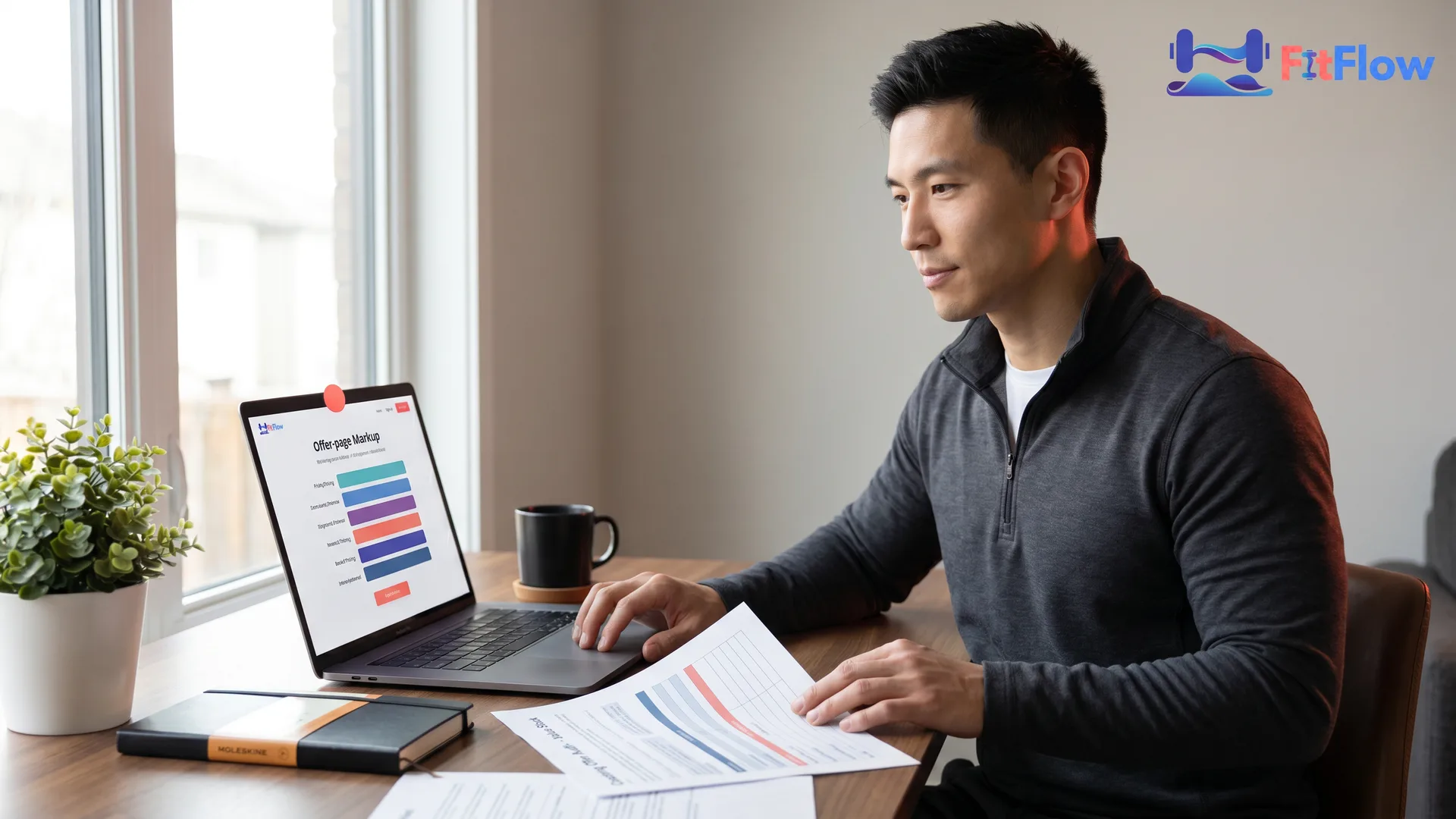 Coach reviewing a 7-component value-stack audit worksheet on a tablet beside a printed coaching offer page, modern studio lighting