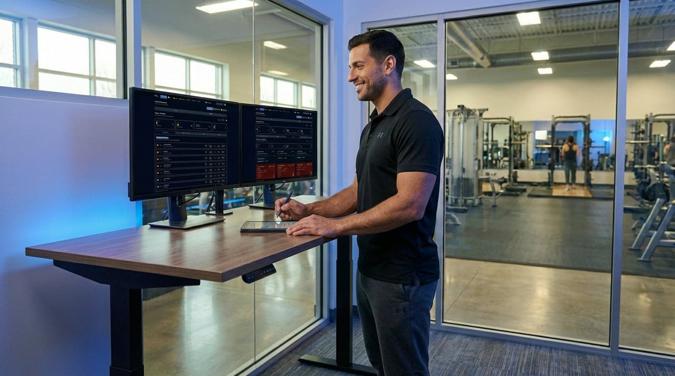 Fitness coach working at a modern standing desk with dual monitors showing client dashboards, with a gym visible through glass walls behind them